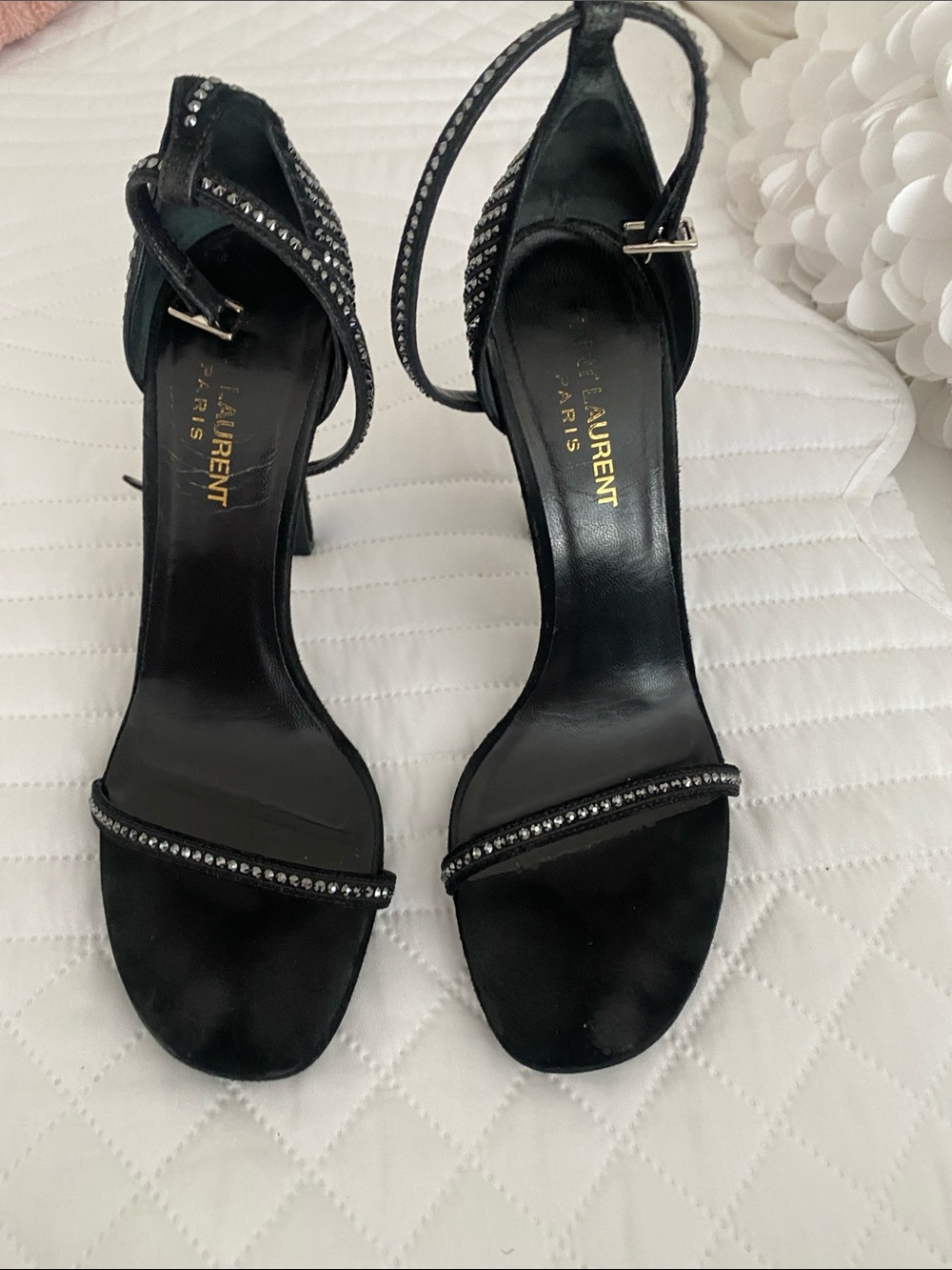 Saint Laurent Black Crystal-Embellished Ankle-Strap Heels